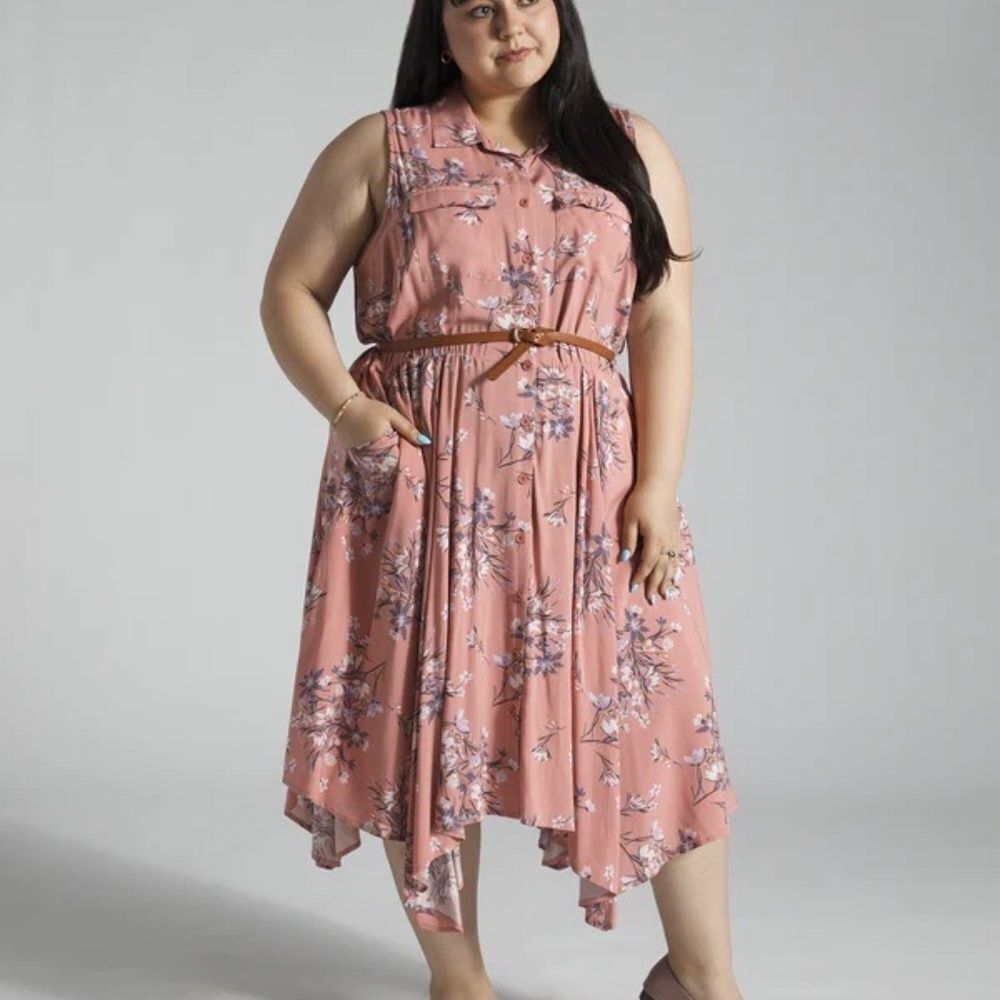 Torrid Pink Floral Print Asymmetrical Hem Belted Button Down Dress Sz 00